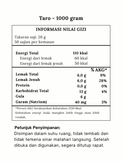 Bubuk Minuman Taro Terbaik 2 nilai gizi bubuk minuman Taro JBD