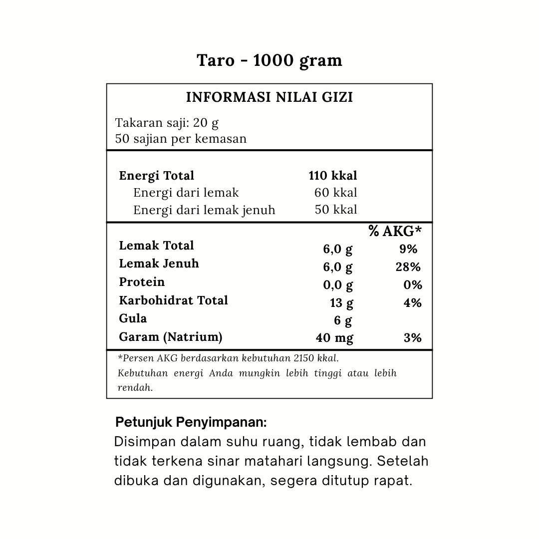 nilai gizi bubuk minuman Taro JBD nilai gizi bubuk minuman Taro JBD
