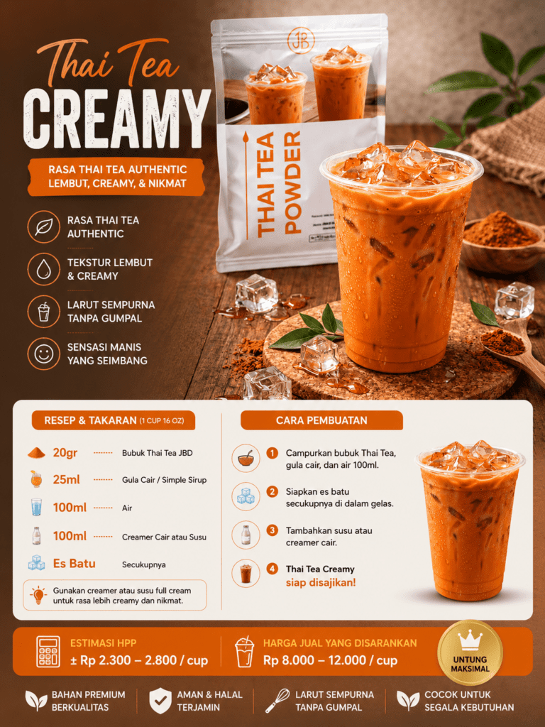 Supplier Bubuk Minuman JBD Cafe, Resto dan Hotel 43 Resep Kreasi Thai tea creamy JBD
